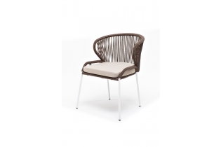 MR1001033 плетеный стул из роупа, каркас алюминиевый белый, роуп коричневый, подушка бежевая